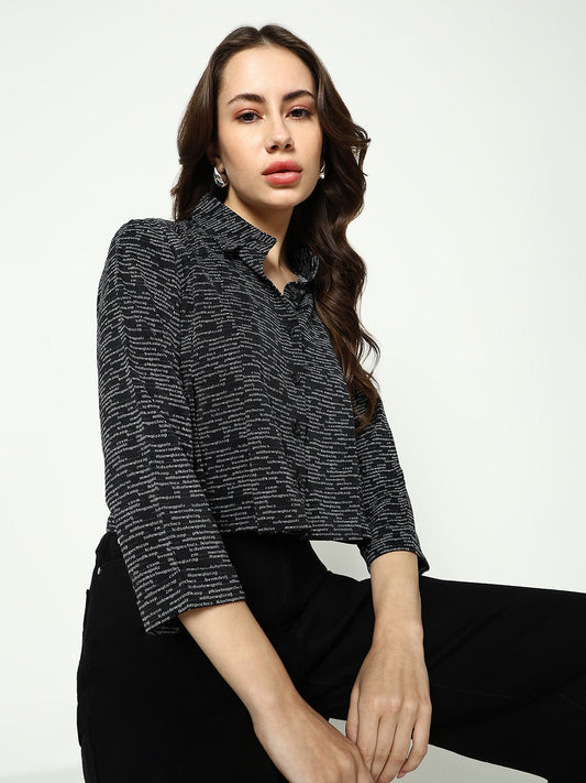Women's Black Comfort Boxy Printed Casual Shirt