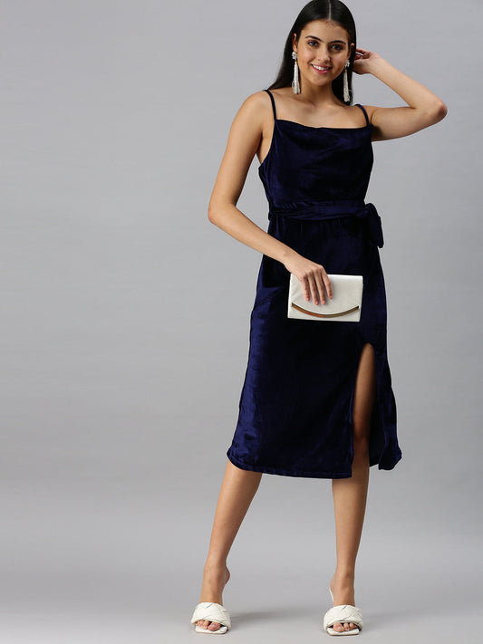 Women's Navy Blue Velvet Sheath Shoulder Straps Midi Dress