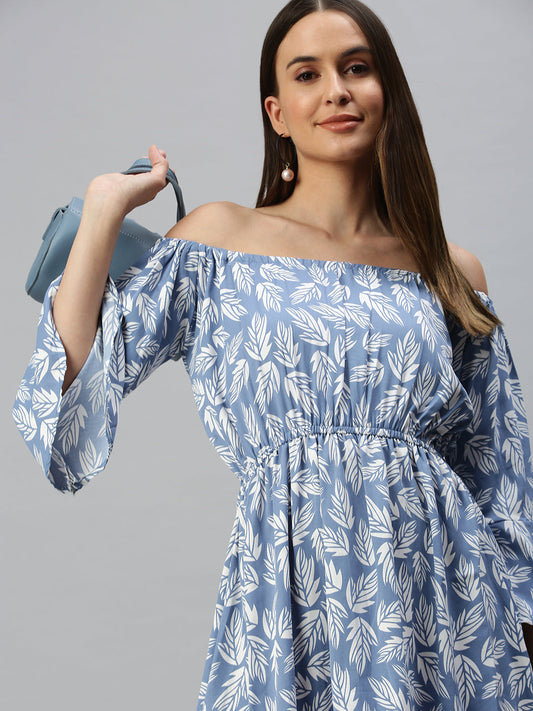 Women's Blue Printed Off-Shoulder Crepe Dress