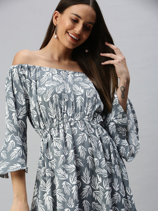 Women's Grey Tropical Off-Shoulder Crepe A-Line Dress