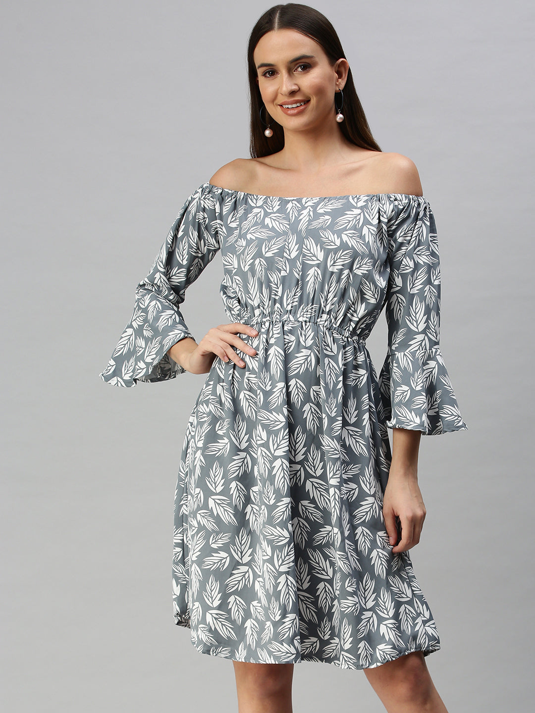 Women's Grey Tropical Off-Shoulder Crepe A-Line Dress