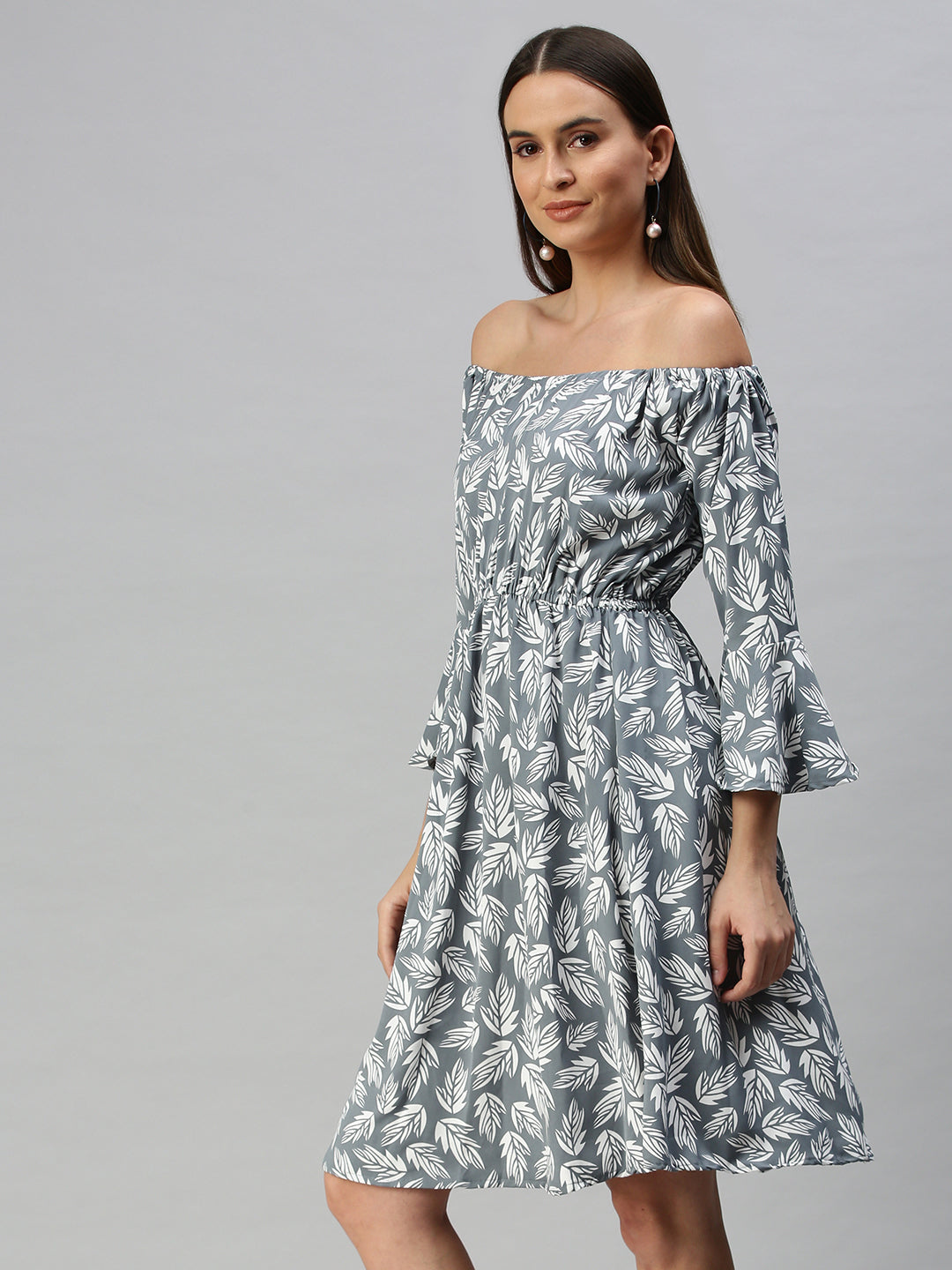 Women's Grey Tropical Off-Shoulder Crepe A-Line Dress