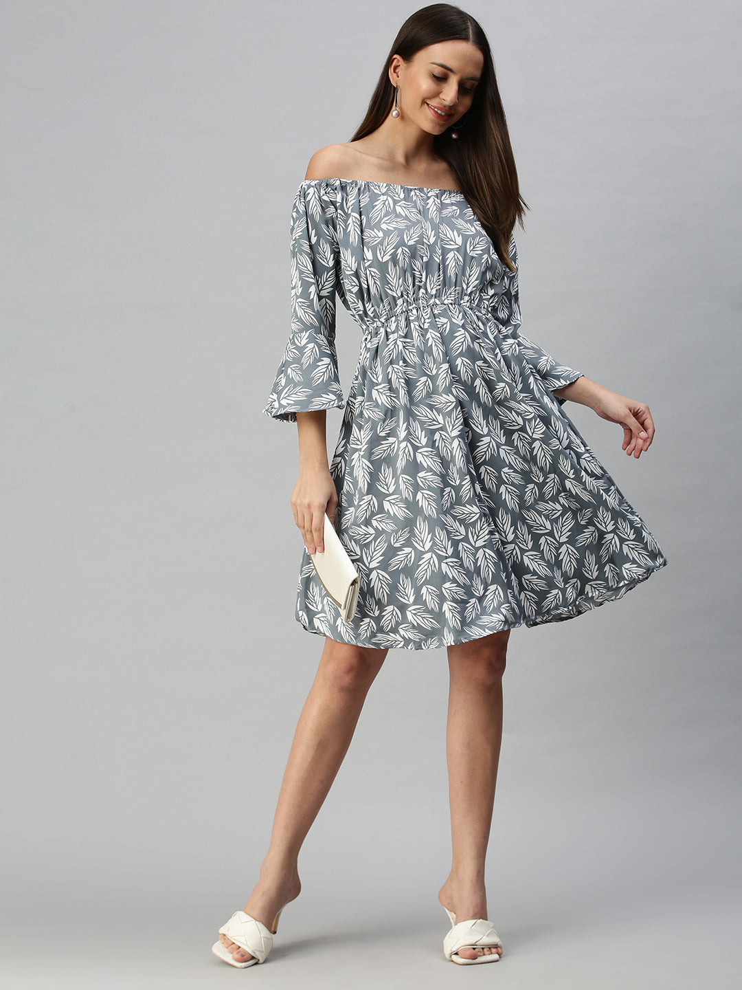 Women's Grey Tropical Off-Shoulder Crepe A-Line Dress