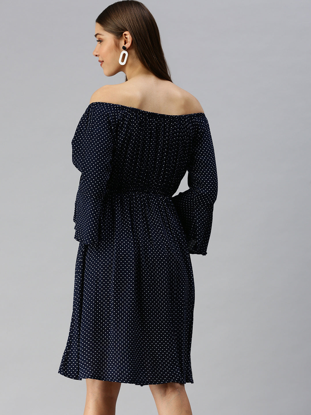 Women's Navy Blue Off-Shoulder Polka Dots Printed A-Line Dress