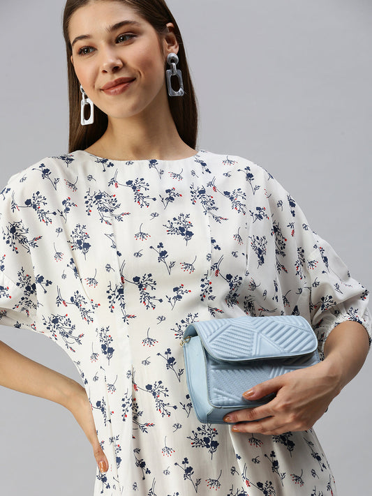 Women's White Floral Crepe A-Line Dress