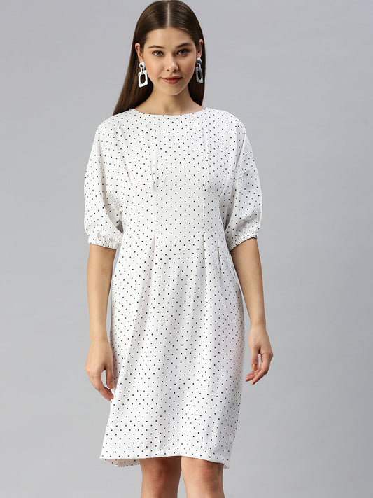 Women's White Printed Crepe A-Line Dress