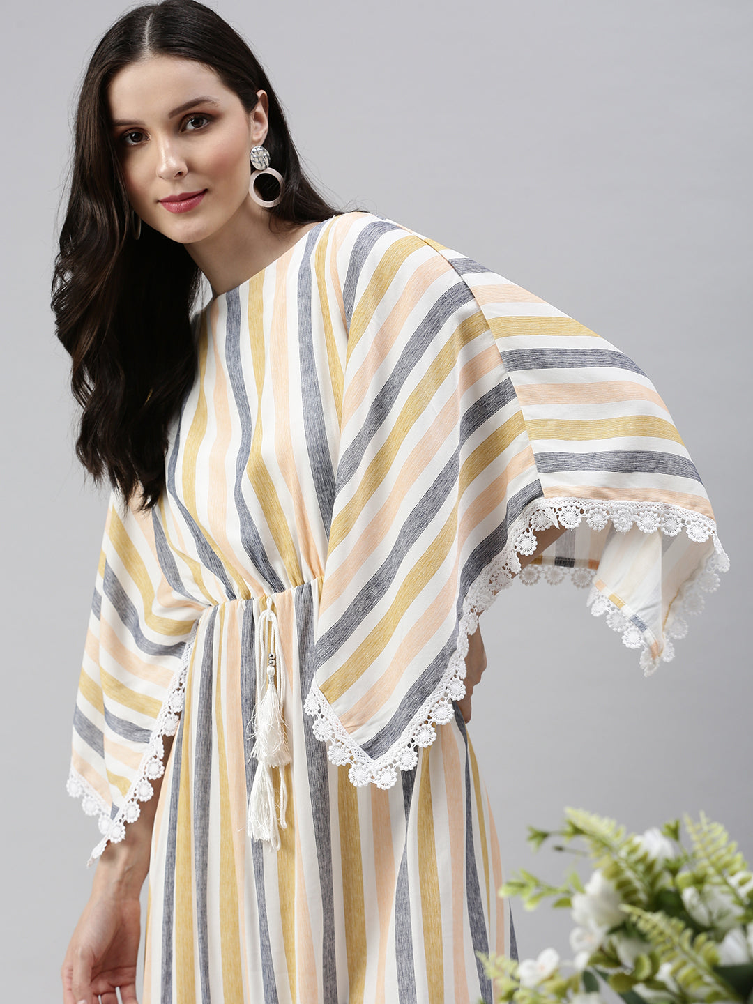 Women's Peach Striped Kaftan Cotton Midi Dress