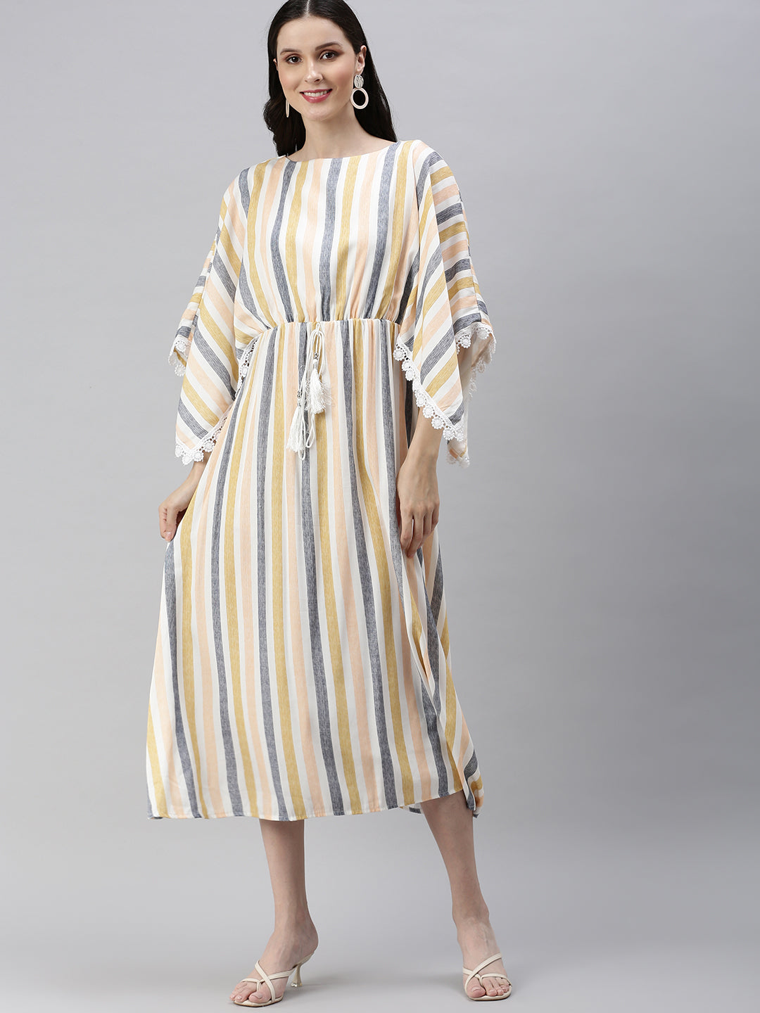 Women's Peach Striped Kaftan Cotton Midi Dress