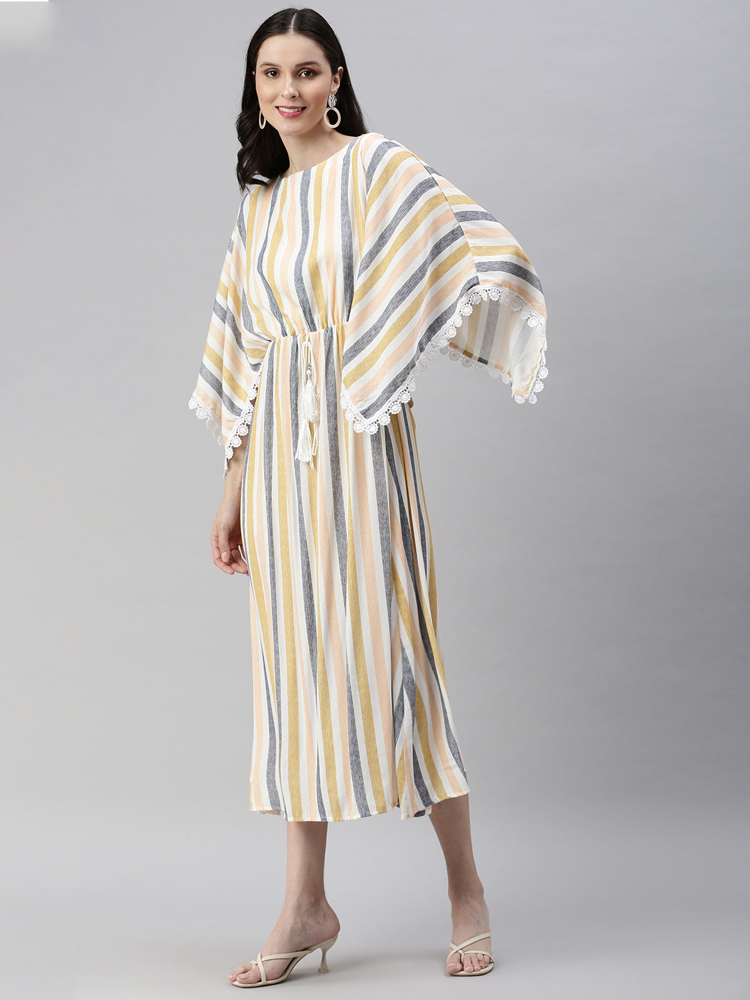Women's Peach Striped Kaftan Cotton Midi Dress