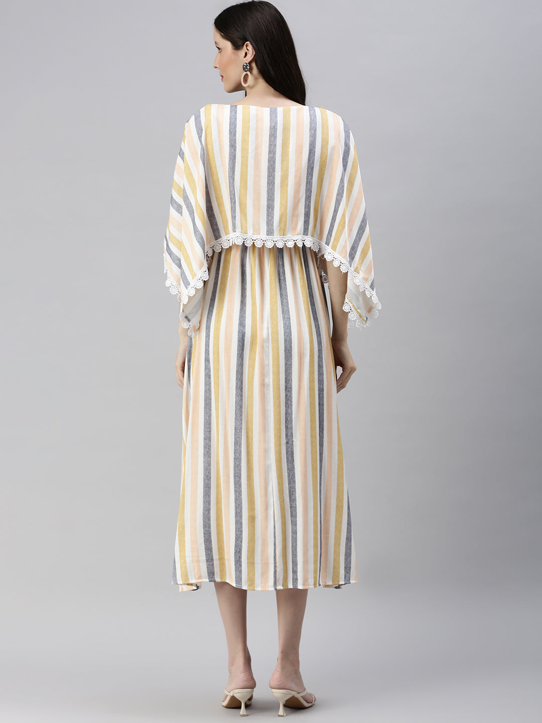 Women's Peach Striped Kaftan Cotton Midi Dress