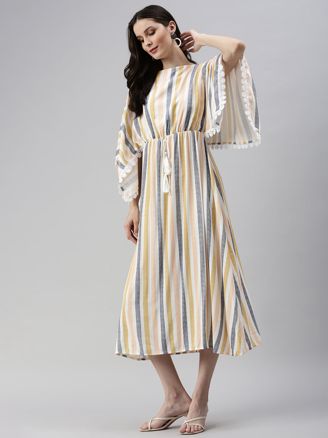 Women's Peach Striped Kaftan Cotton Midi Dress