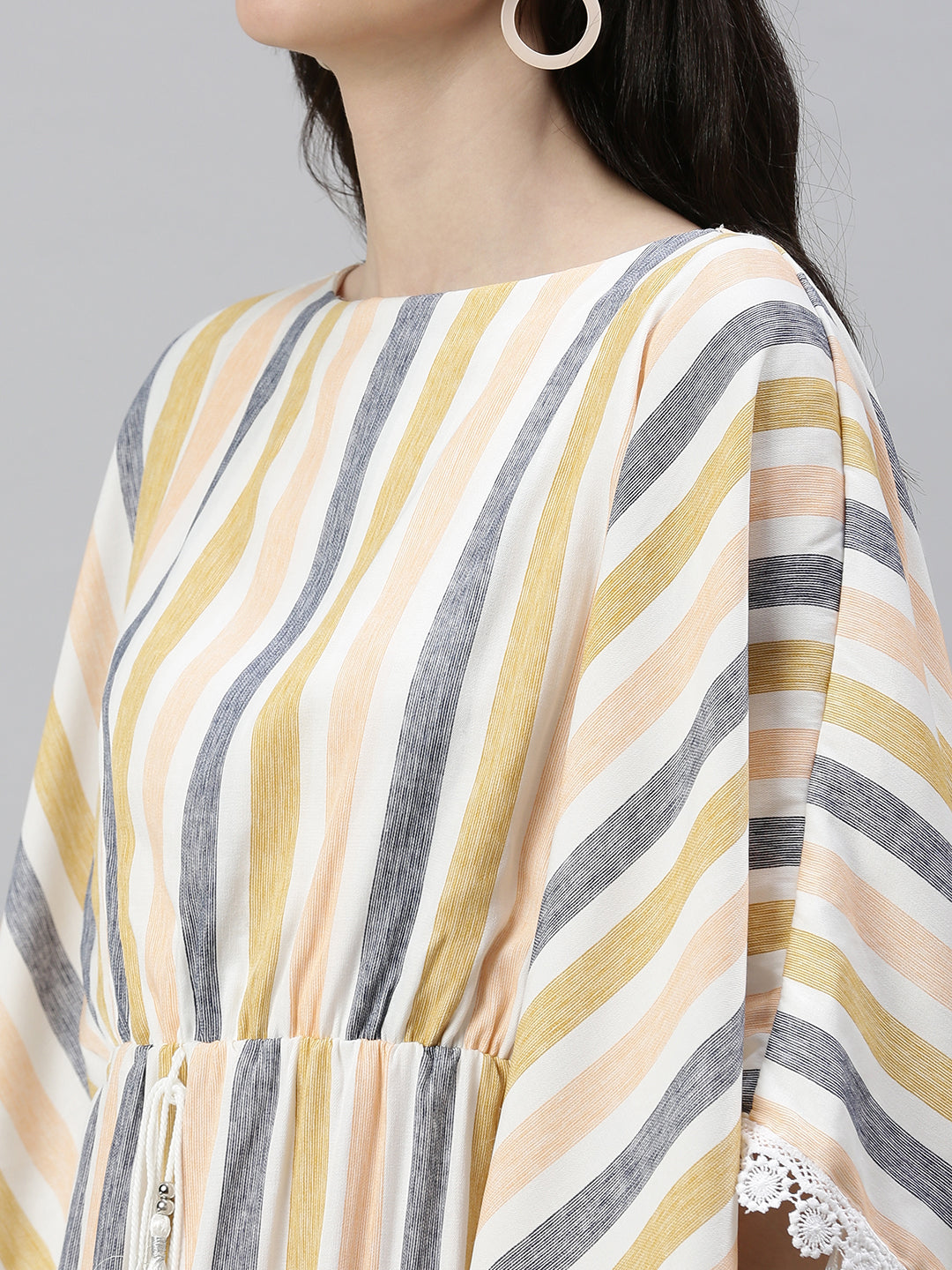 Women's Peach Striped Kaftan Cotton Midi Dress