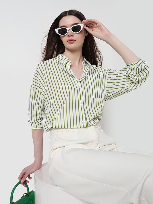 Women's Pinstripes Green Relaxed Fit Shirt with Chest Pocket