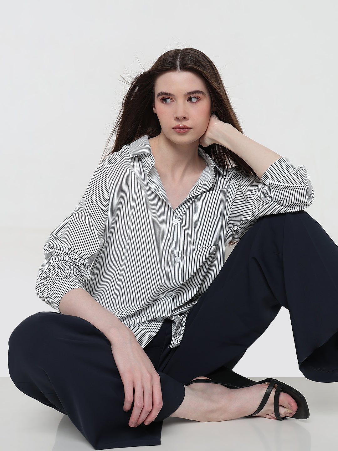 Women's Pinstripes Blue Oversized Shirt with Chest Pocket