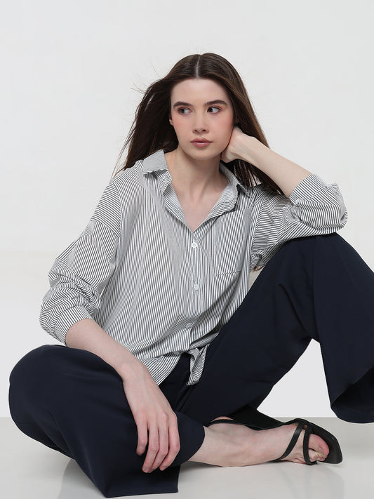 Women's Pinstripes Blue Oversized Shirt with Chest Pocket