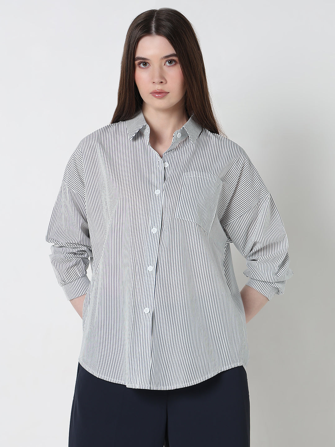 Women's Pinstripes Blue Oversized Shirt with Chest Pocket