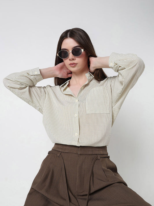 Women's Pinstripes Cream Oversized Shirt with Chest Pocket