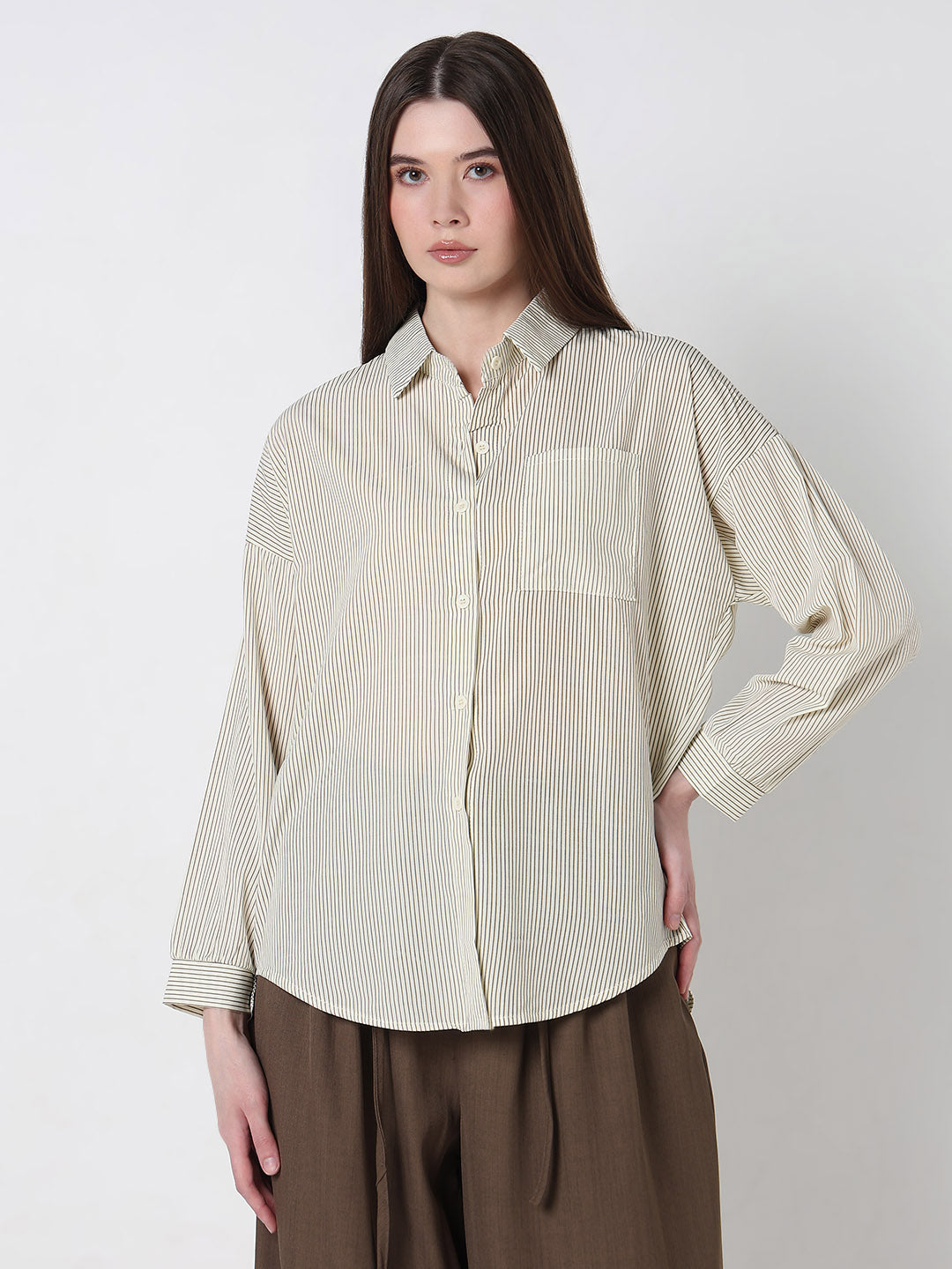 Women's Pinstripes Cream Oversized Shirt with Chest Pocket