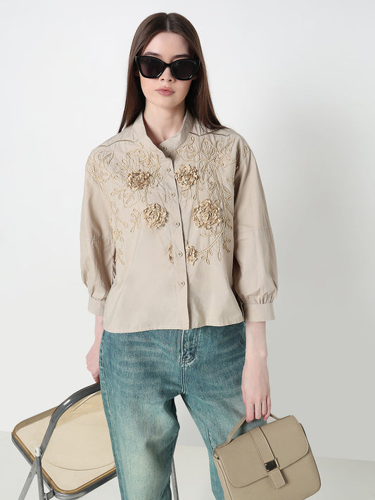 Women's Floral Beige Relaxed Fit Embellished Shirt with Front Embroidery