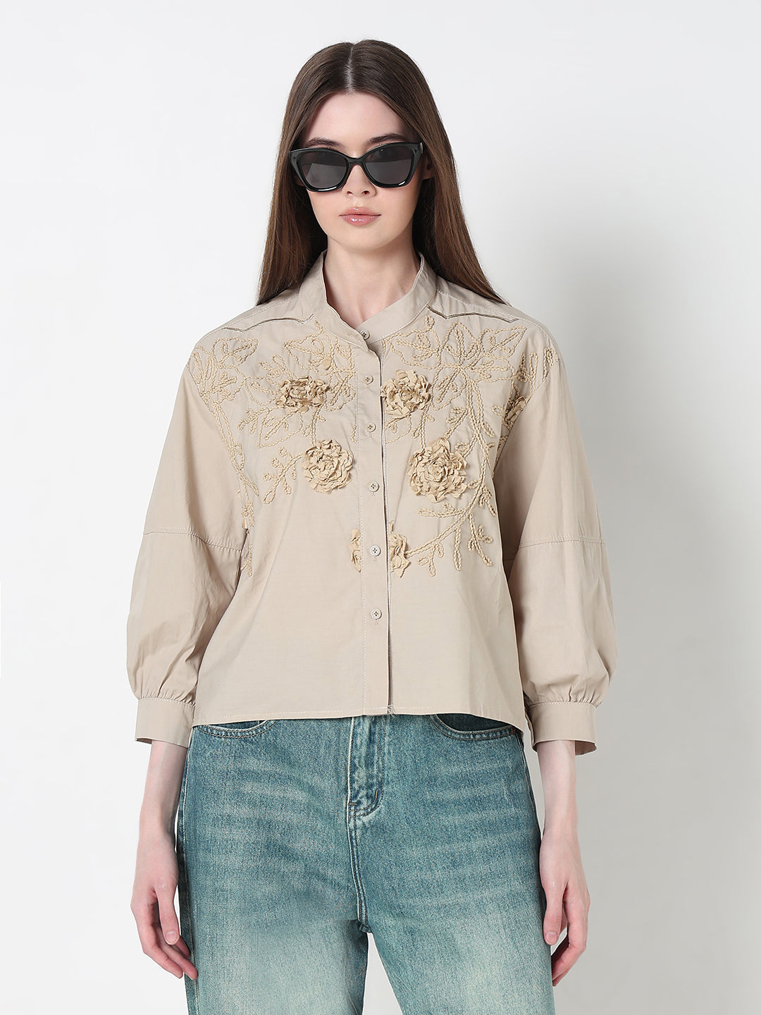 Women's Floral Beige Relaxed Fit Embellished Shirt with Front Embroidery