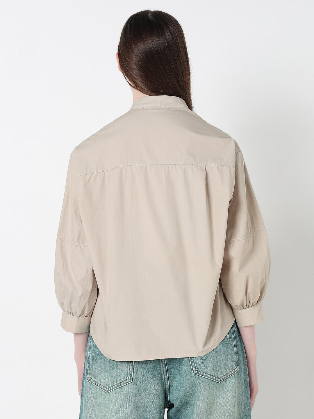 Women's Floral Beige Relaxed Fit Embellished Shirt with Front Embroidery