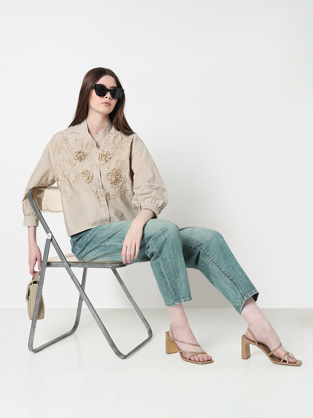 Women's Floral Beige Relaxed Fit Embellished Shirt with Front Embroidery