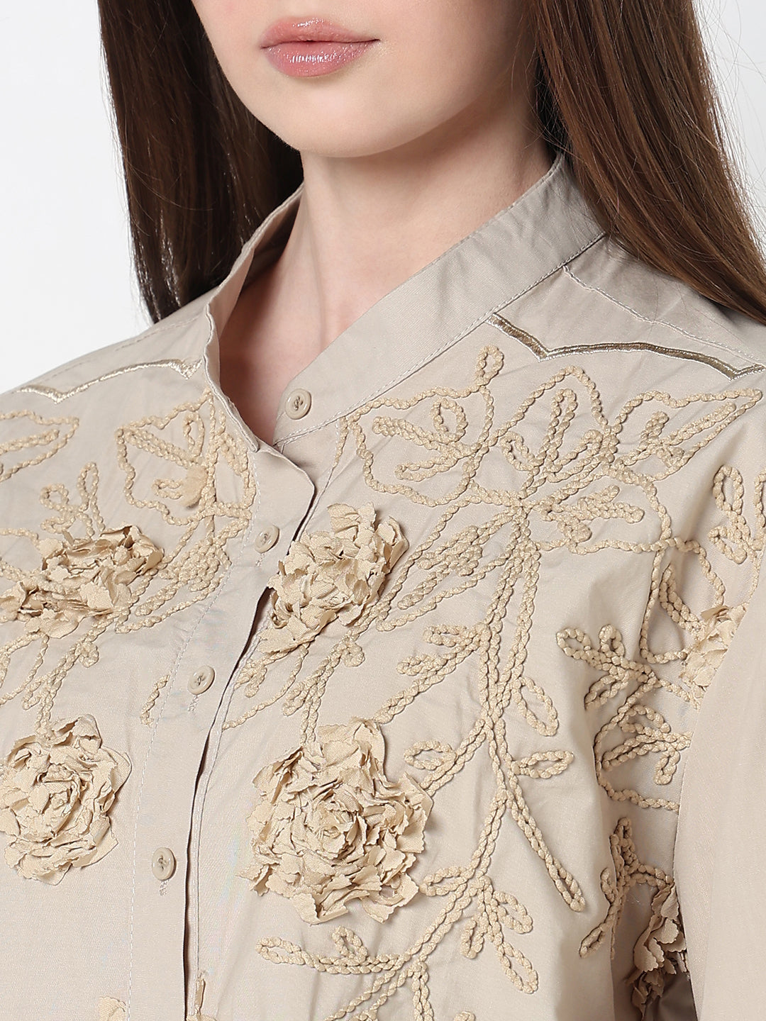 Women's Floral Beige Relaxed Fit Embellished Shirt with Front Embroidery