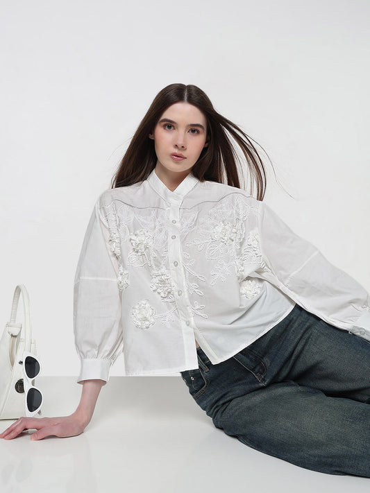 Women's Floral White Relaxed Fit Embellished Shirt with Front Embroidery