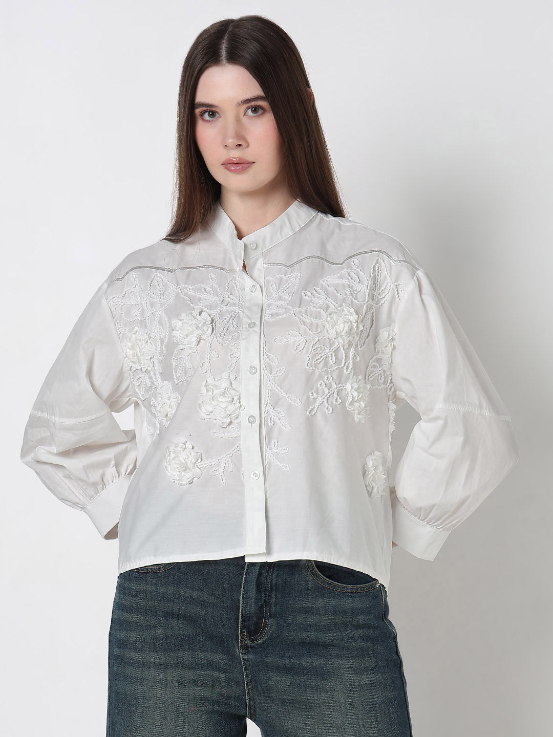 Women's Floral White Relaxed Fit Embellished Shirt with Front Embroidery