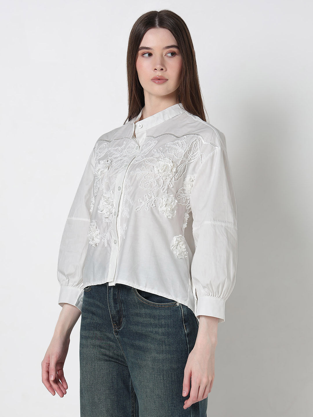 Women's Floral White Relaxed Fit Embellished Shirt with Front Embroidery