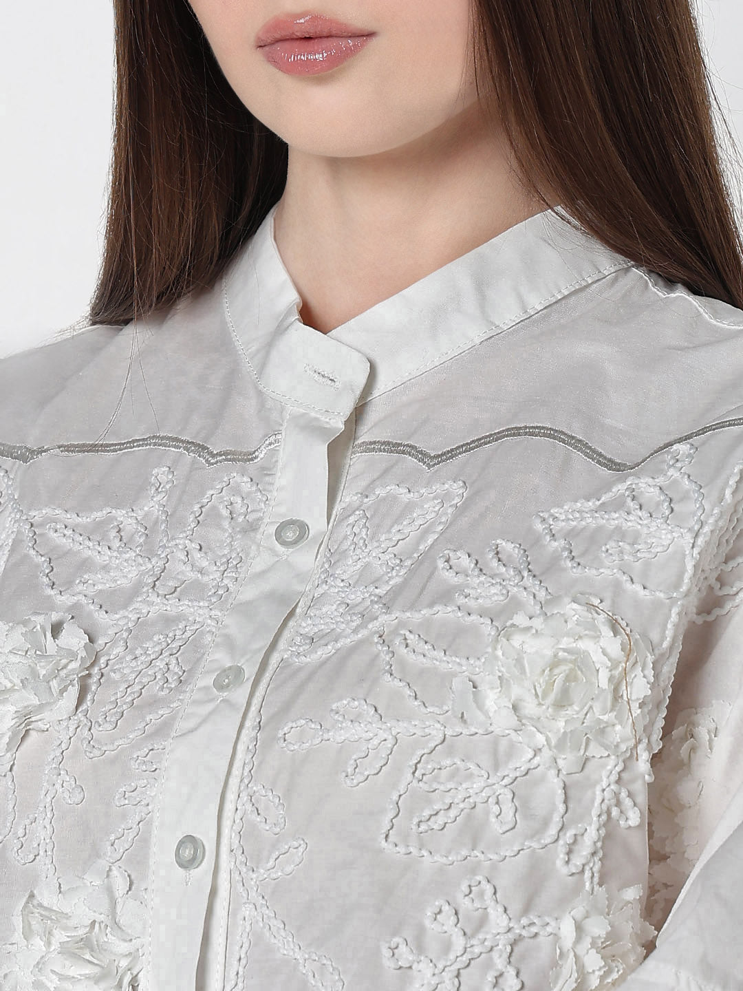Women's Floral White Relaxed Fit Embellished Shirt with Front Embroidery