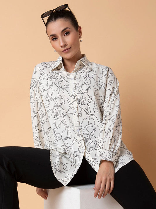 Women's Cream Relaxed Boxy Floral Opaque Printed Casual Shirt