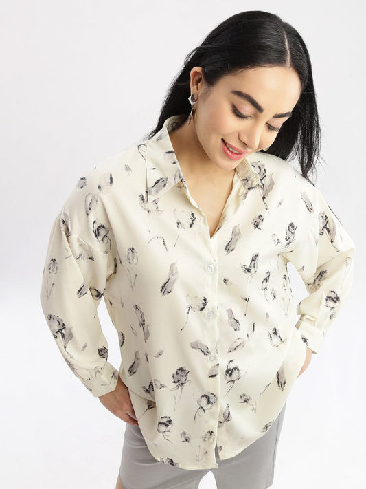 Women's Cream Relaxed Boxy Opaque Printed Casual Shirt