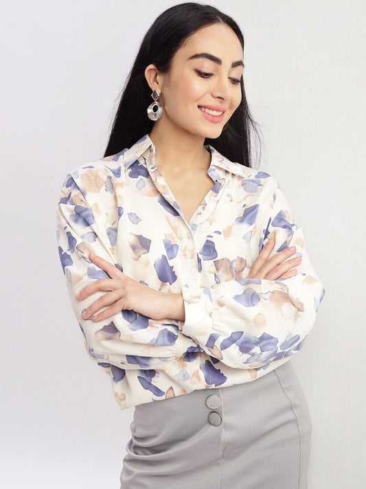 Women's Cream Relaxed Oversized Opaque Printed Casual Shirt