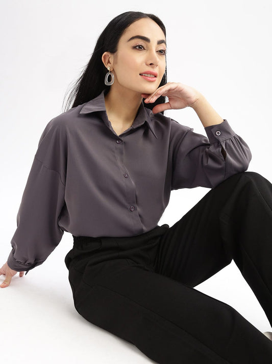 Women's Grey Relaxed Solid Drop Shoulder Wrinkle Free Oversized Shirt