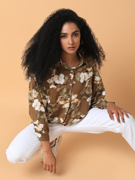 Women's Olive Relaxed Boxy Floral Opaque Printed Casual Shirt