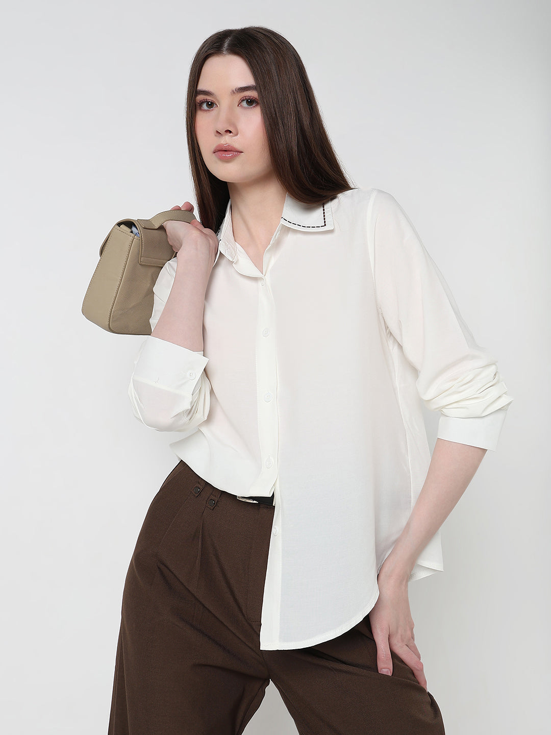 Women's White Regular Fit Shirt with Embroidered Collar