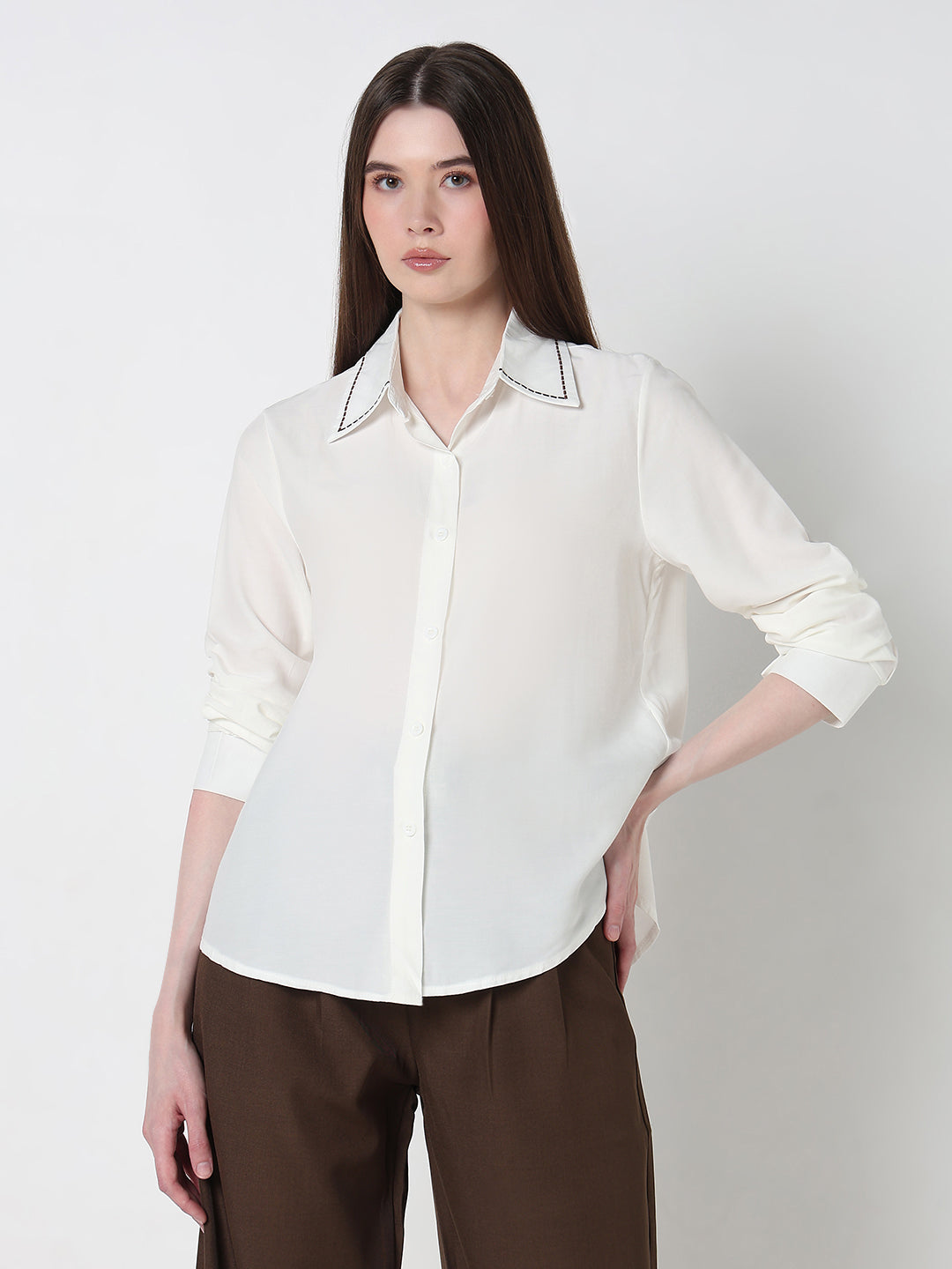 Women's White Regular Fit Shirt with Embroidered Collar