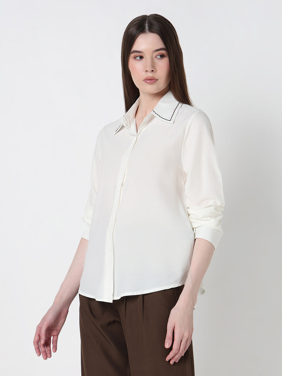 Women's White Regular Fit Shirt with Embroidered Collar