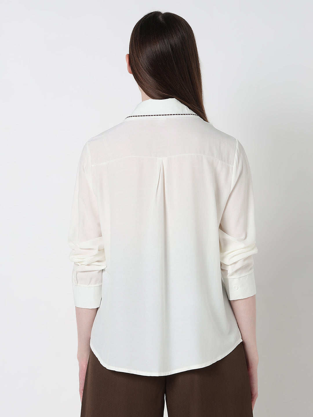 Women's White Regular Fit Shirt with Embroidered Collar