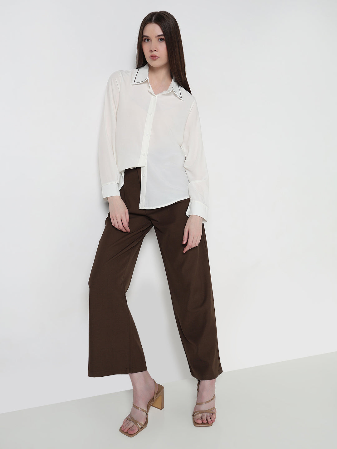 Women's White Regular Fit Shirt with Embroidered Collar