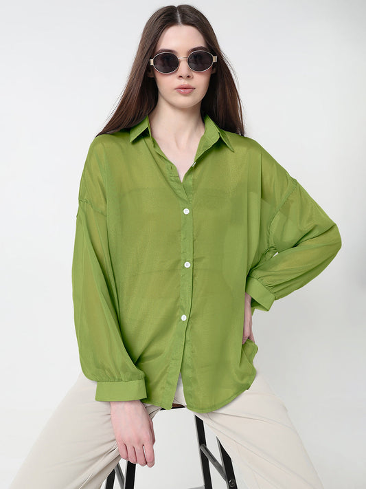 Women's Green Relaxed Fit Semi Sheer Shirt