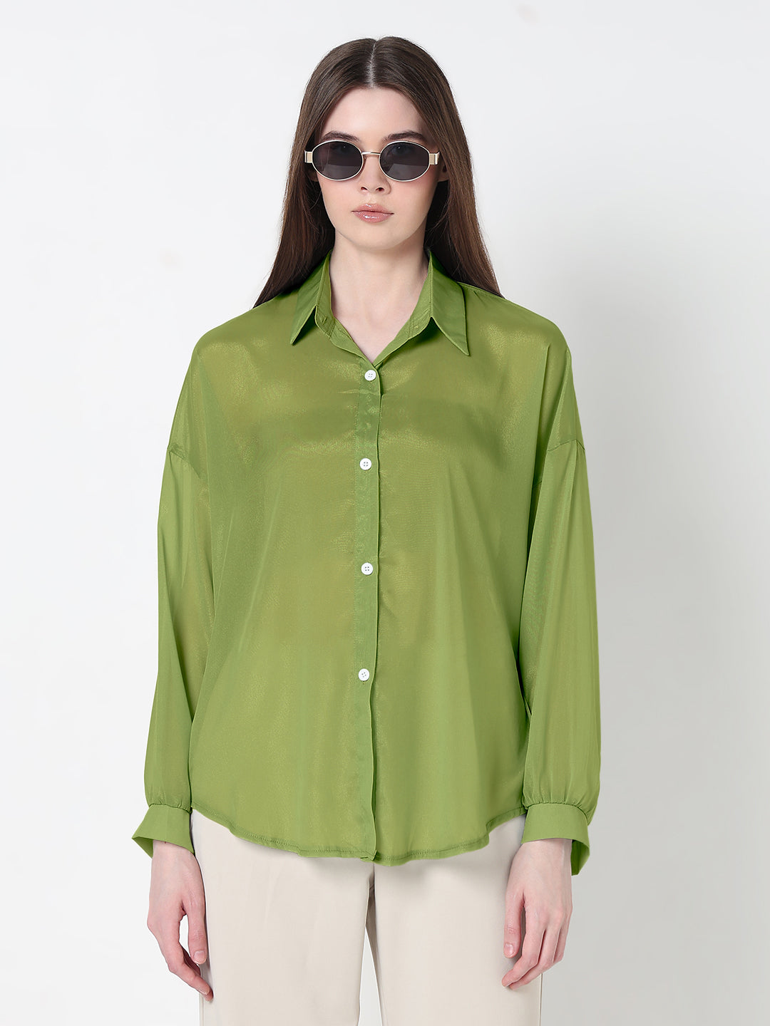 Women's Green Relaxed Fit Semi Sheer Shirt