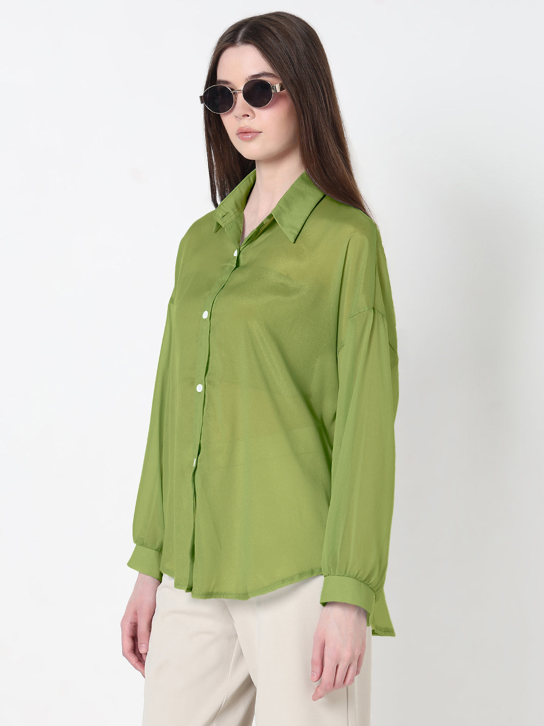 Women's Green Relaxed Fit Semi Sheer Shirt