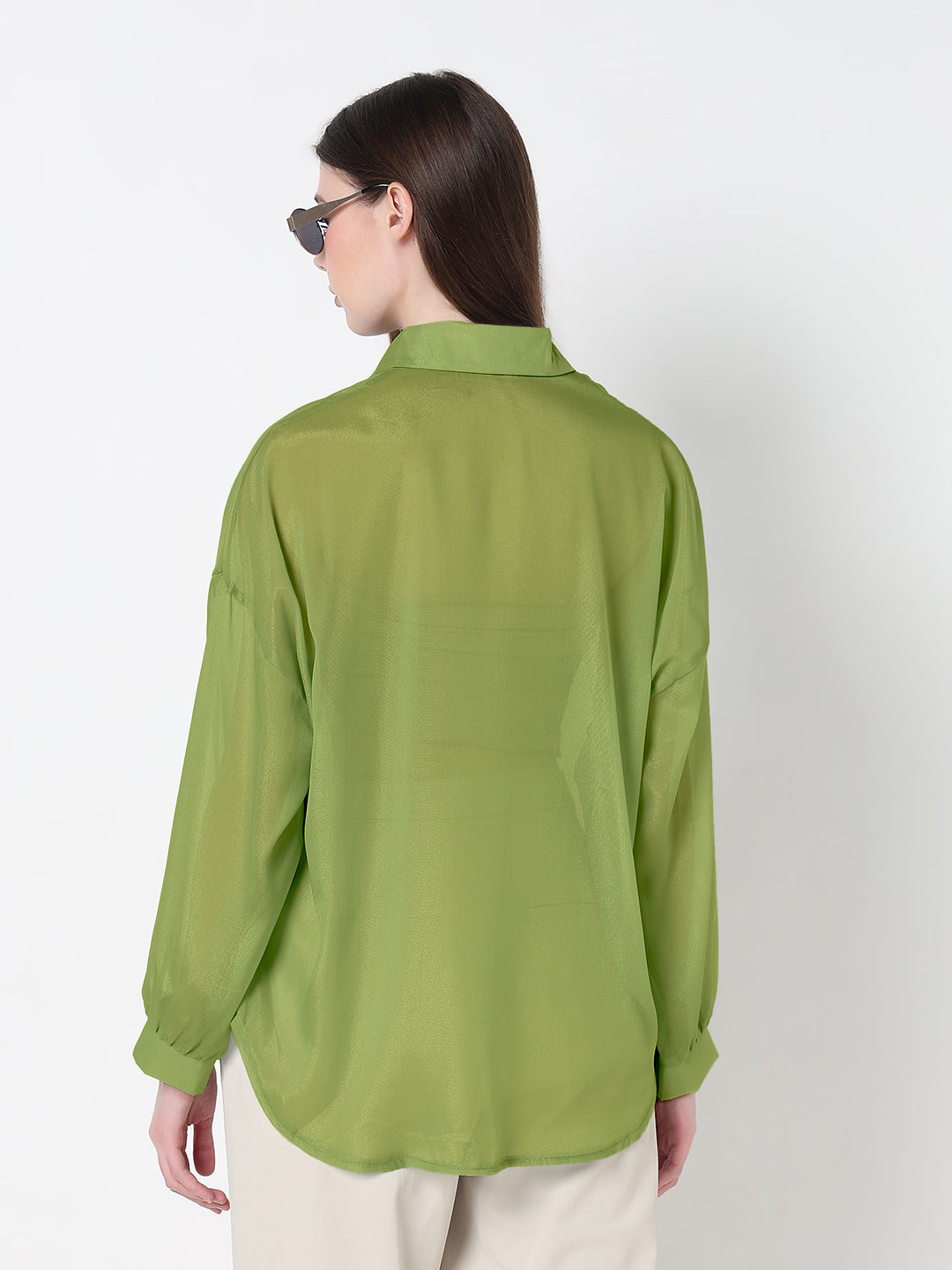 Women's Green Relaxed Fit Semi Sheer Shirt