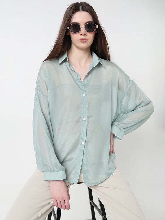 Women's Sea Green Relaxed Fit Semi Sheer Shirt