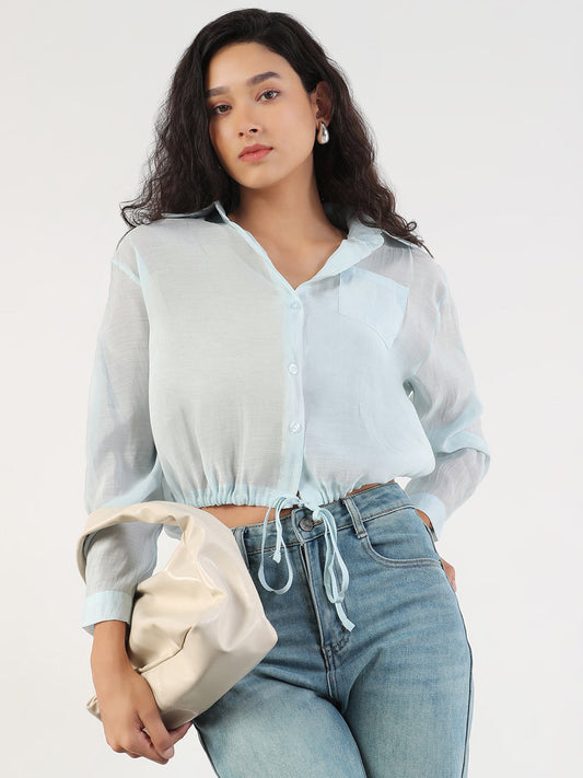 Women's Oversized Blue Solid Shirt with Adjustable Hem