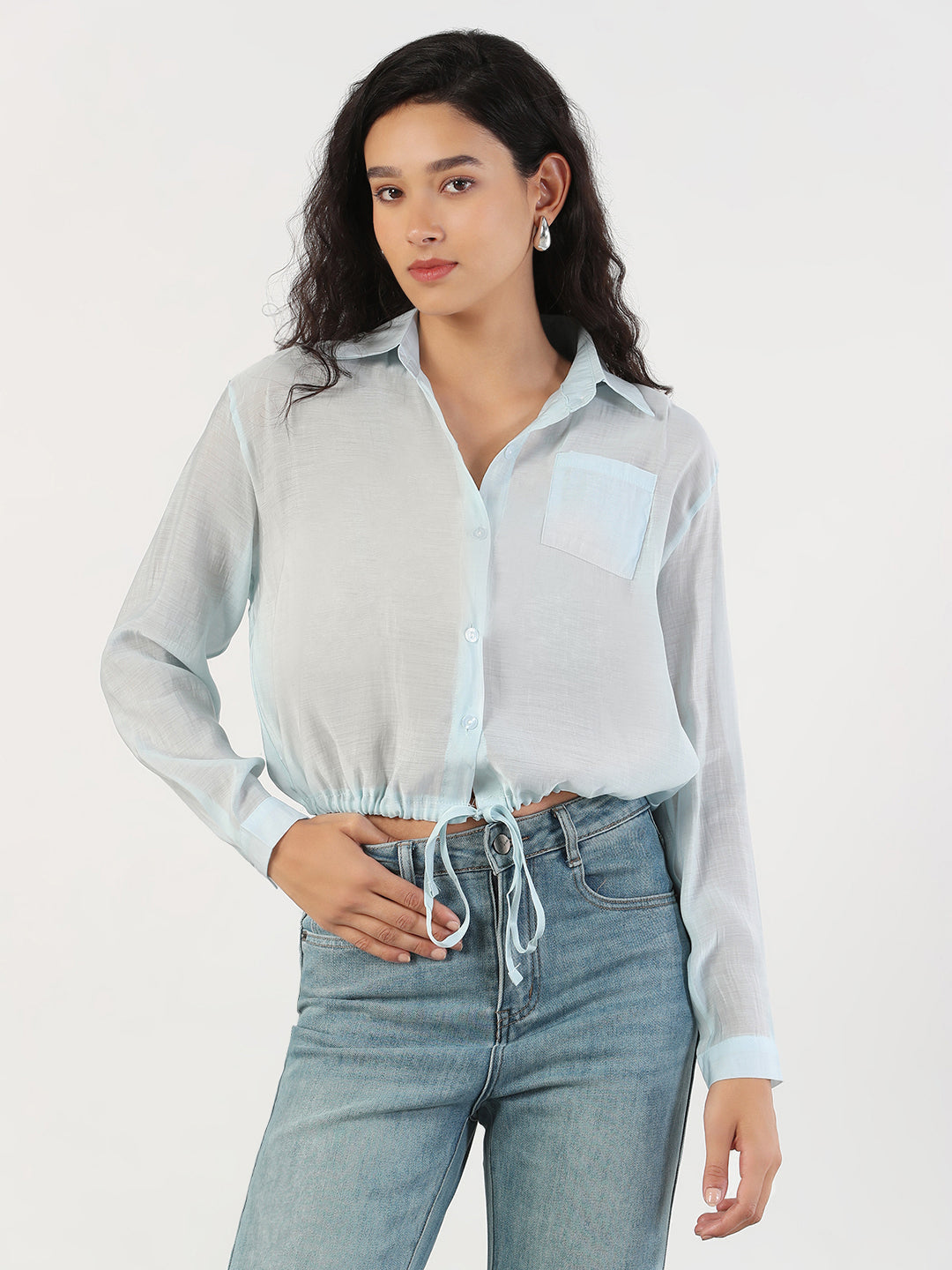 Women's Oversized Blue Solid Shirt with Adjustable Hem