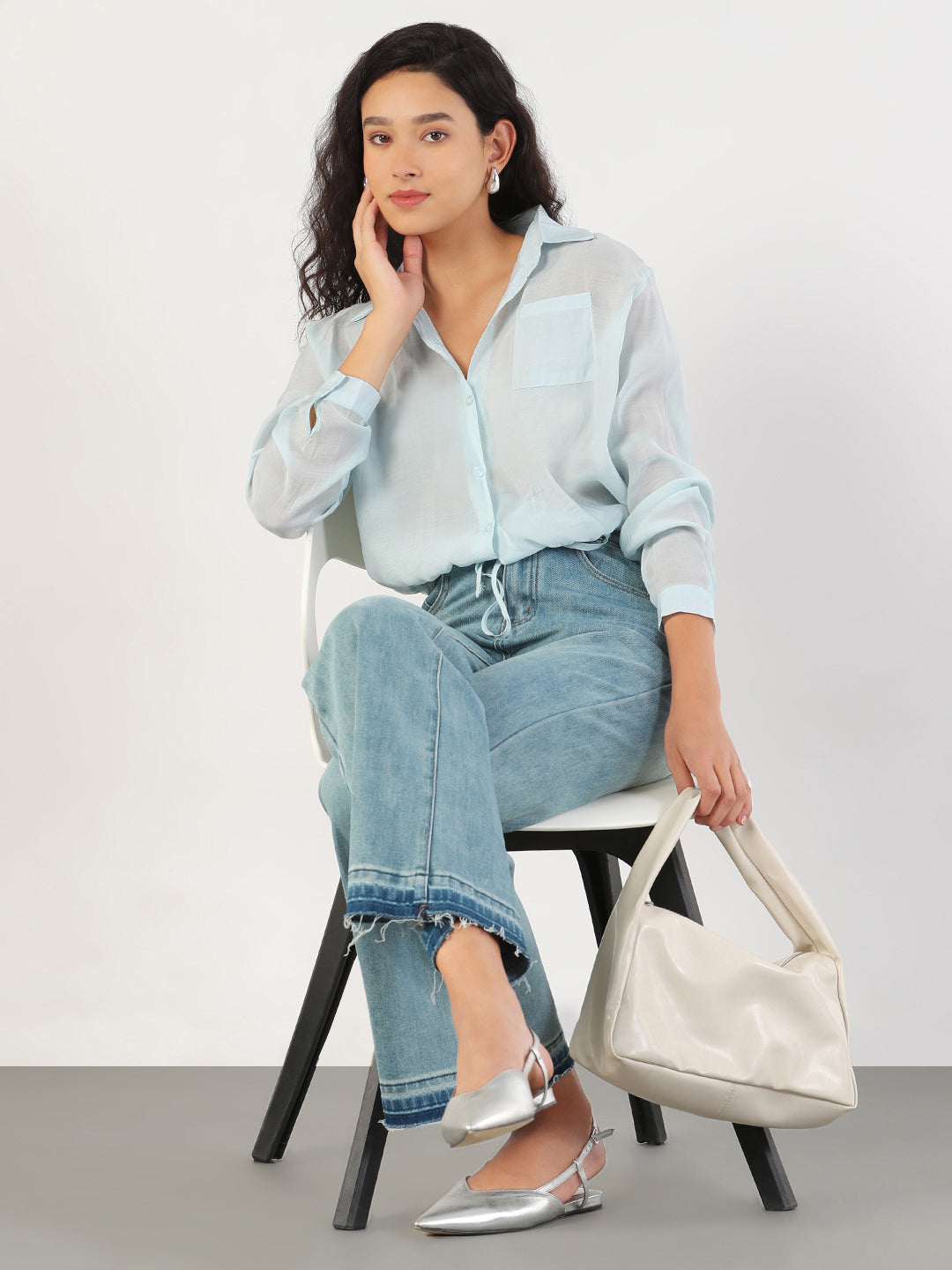 Women's Oversized Blue Solid Shirt with Adjustable Hem