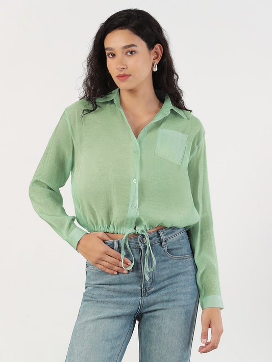 Women's Oversized Green Solid Shirt with Adjustable Hem